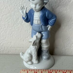 Whimsical Blue and White Boy with Dog Sculpture